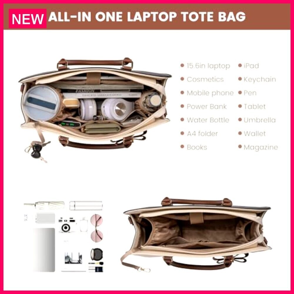Leather Laptop Tote Bag for Women, Waterproof Work Briefcase, 15.6 Inch - Picture 5 of 7